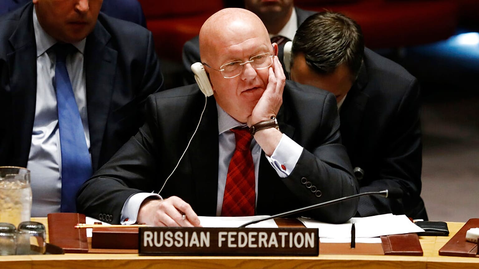 Russia's U.N. Ambassador Vassily Nebenzia listens to remarks in a meeting of the United Nations Security Council