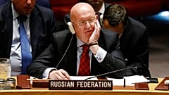 Russia's U.N. Ambassador Vassily Nebenzia listens to remarks in a meeting of the United Nations Security Council