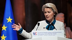 President of the European Commission Ursula von der Leyen speaks during a press conference after the EU summit at the Chateau de Versailles, March 11, 2022 in Versailles.