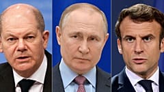 Almanya Şansölyesi Scholz (solda), Rusya Devlet Başkanı Putin, Fransa Cumhurbaşkanı Macron (sağda) 