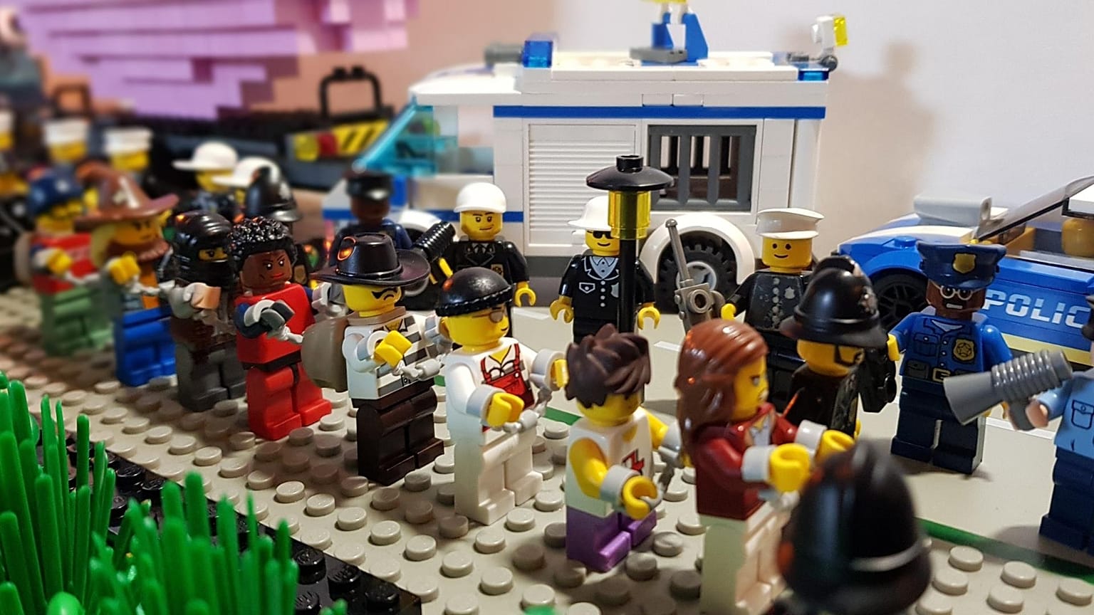 The Lego Rebels chained to each other at one of their actions.