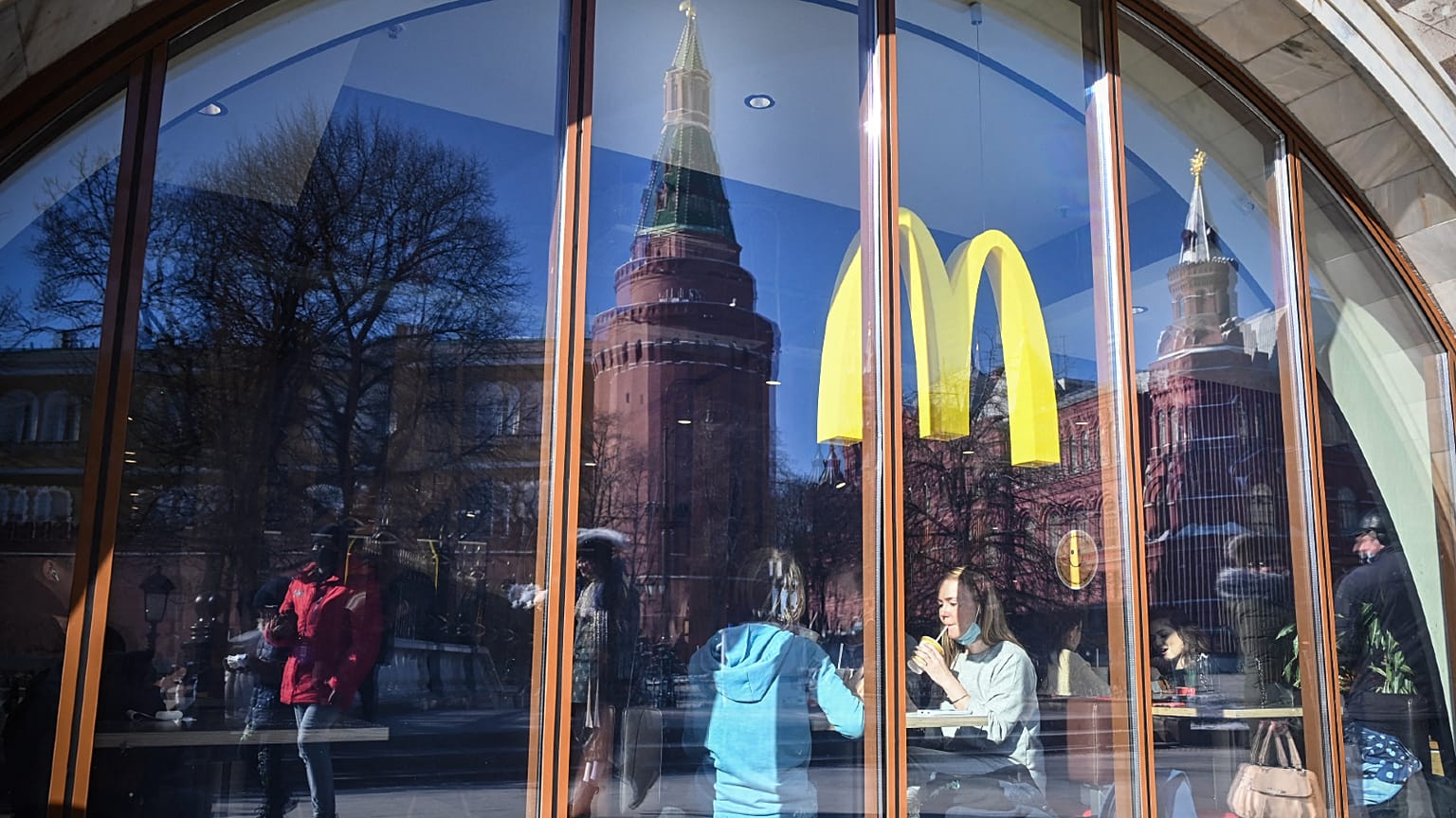 People have a lunch a McDonald's restaurant next to the Kremlin in Moscow on March 10, 2022. 