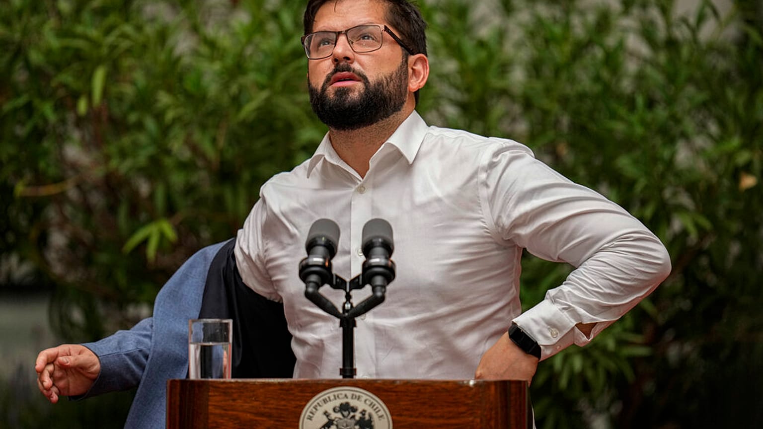 El presidente de Chile, Gabriel Boric,  da una conferencia de prensa en el palacio presidencial de La Moneda, 14/3/2022, Santiago, Chile