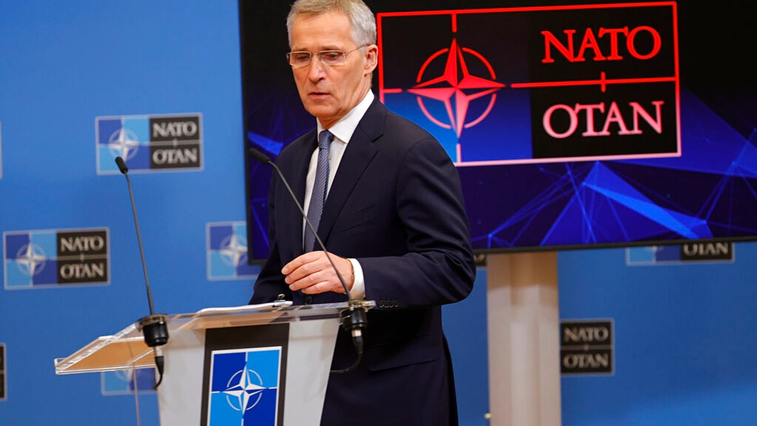 NATO Secretary General Jens Stoltenberg arrives for a media conference at NATO headquarters in Brussels