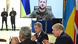 Ukrainian President Zelenskyy addresses Boris Johnson and other northern European leaders via video, to London. March 15th 2022