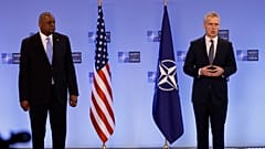 US Secretary for Defense Lloyd J. Austin III, left, and NATO Secretary General Jens Stoltenberg  at NATO headquarters in Brussels, March 16, 2022. 