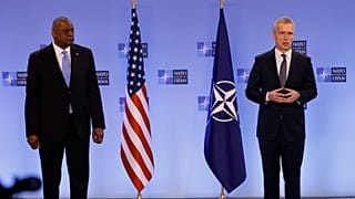 US Secretary for Defense Lloyd J. Austin III, left, and NATO Secretary General Jens Stoltenberg  at NATO headquarters in Brussels, March 16, 2022. 