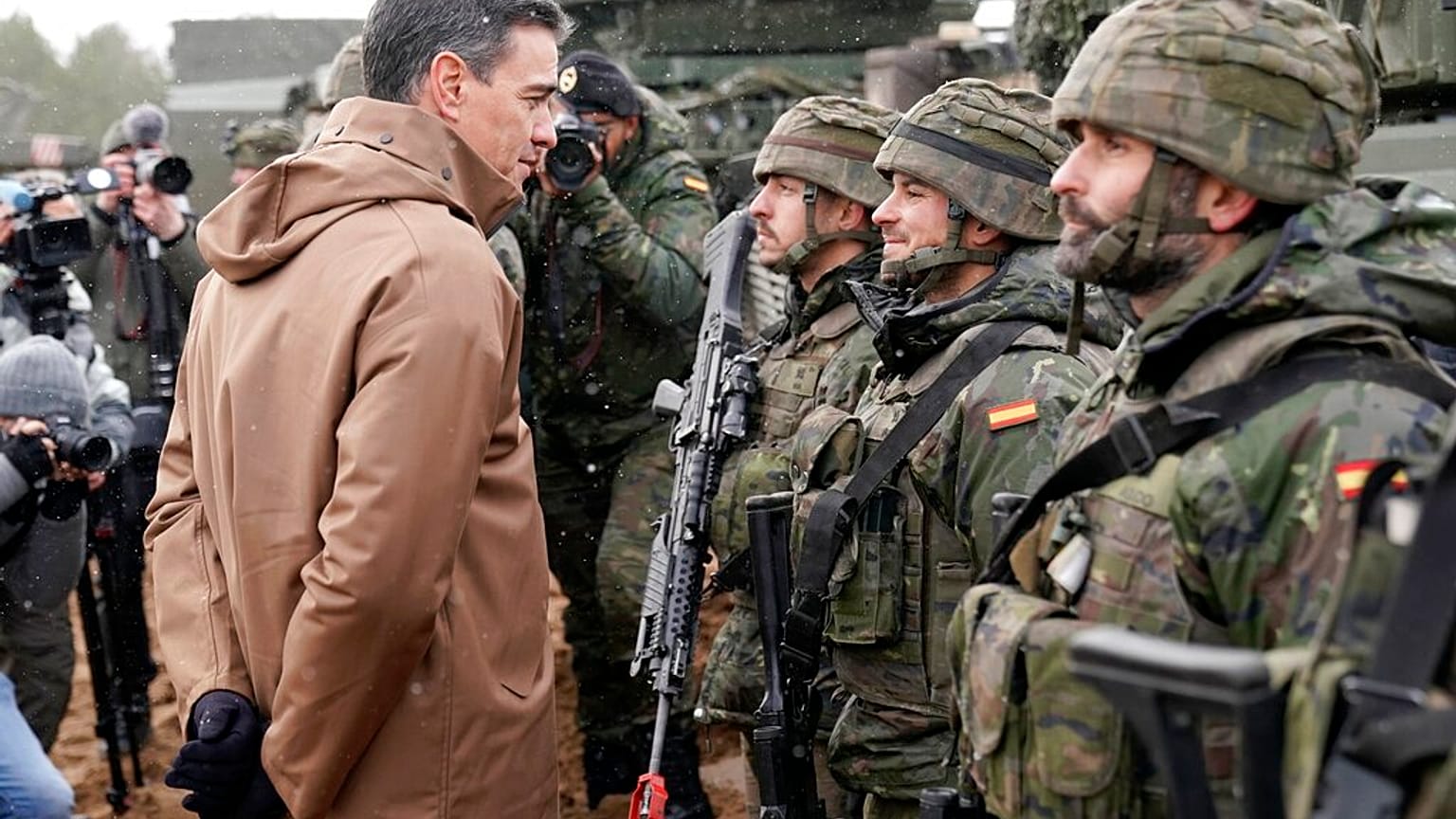 Prime Minister of Spain Pedro Sanchez speaks to Spanish troops during his visit to Adazi Military base in Kadaga, Latvia, Tuesday, March. 8, 2022. 