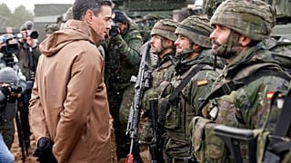 Prime Minister of Spain Pedro Sanchez speaks to Spanish troops during his visit to Adazi Military base in Kadaga, Latvia, Tuesday, March. 8, 2022. 