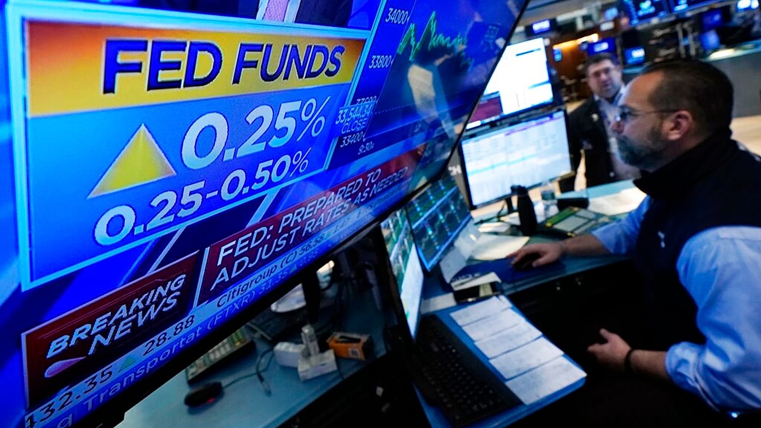 A television screen on the floor of the New York Stock Exchange, Wednesday, March 16, 2022