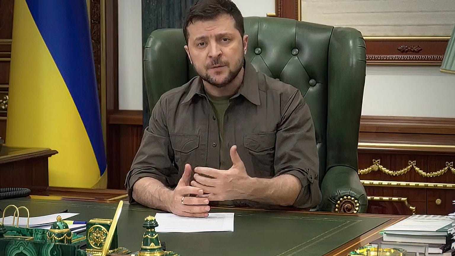 Ukrainian President Volodymyr Zelenskyy speaks from Kyiv, Ukraine, Wednesday 16 March 2022
