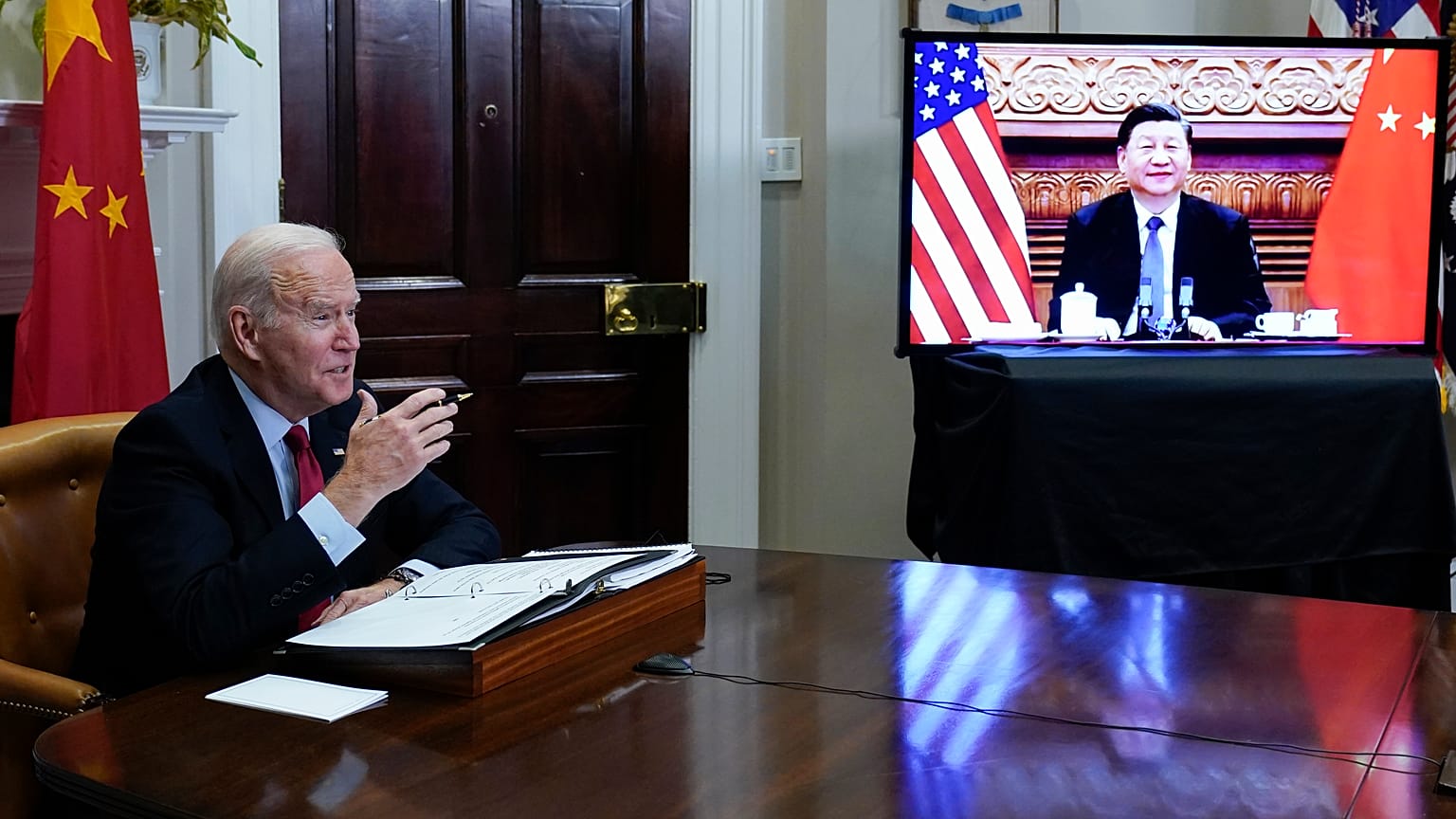 President Joe Biden meets virtually with Chinese President Xi Jinping from the Roosevelt Room of the White House in Washington, on Nov. 15, 2021