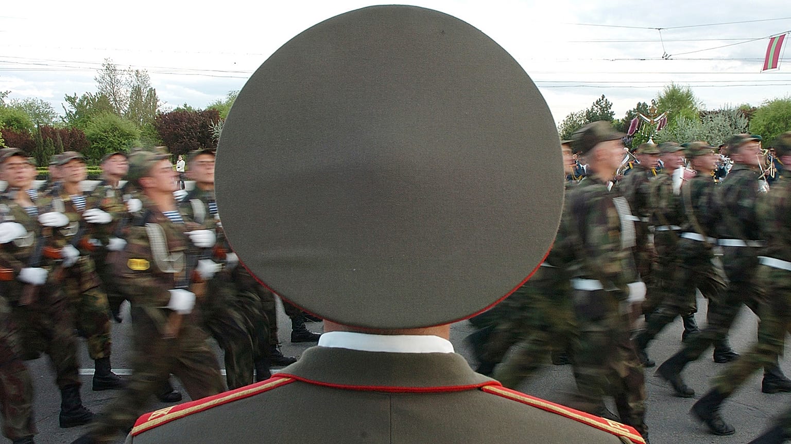 Soldiers of the Transnistrian Army are marching at the Victory Day parade in Tiraspol in 2005