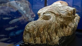 بقایای فسیل جمجمه باسیلوسور که در پروکشف شده، توسط دیرینه شناسان در موزه ای در لیما، به نمایش گذاشته شد.