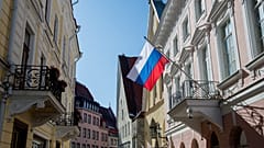 Russia's flag flutters in front of the embassy building in Tallinn, Estonia.
