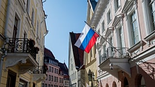 Russia's flag flutters in front of the embassy building in Tallinn, Estonia.