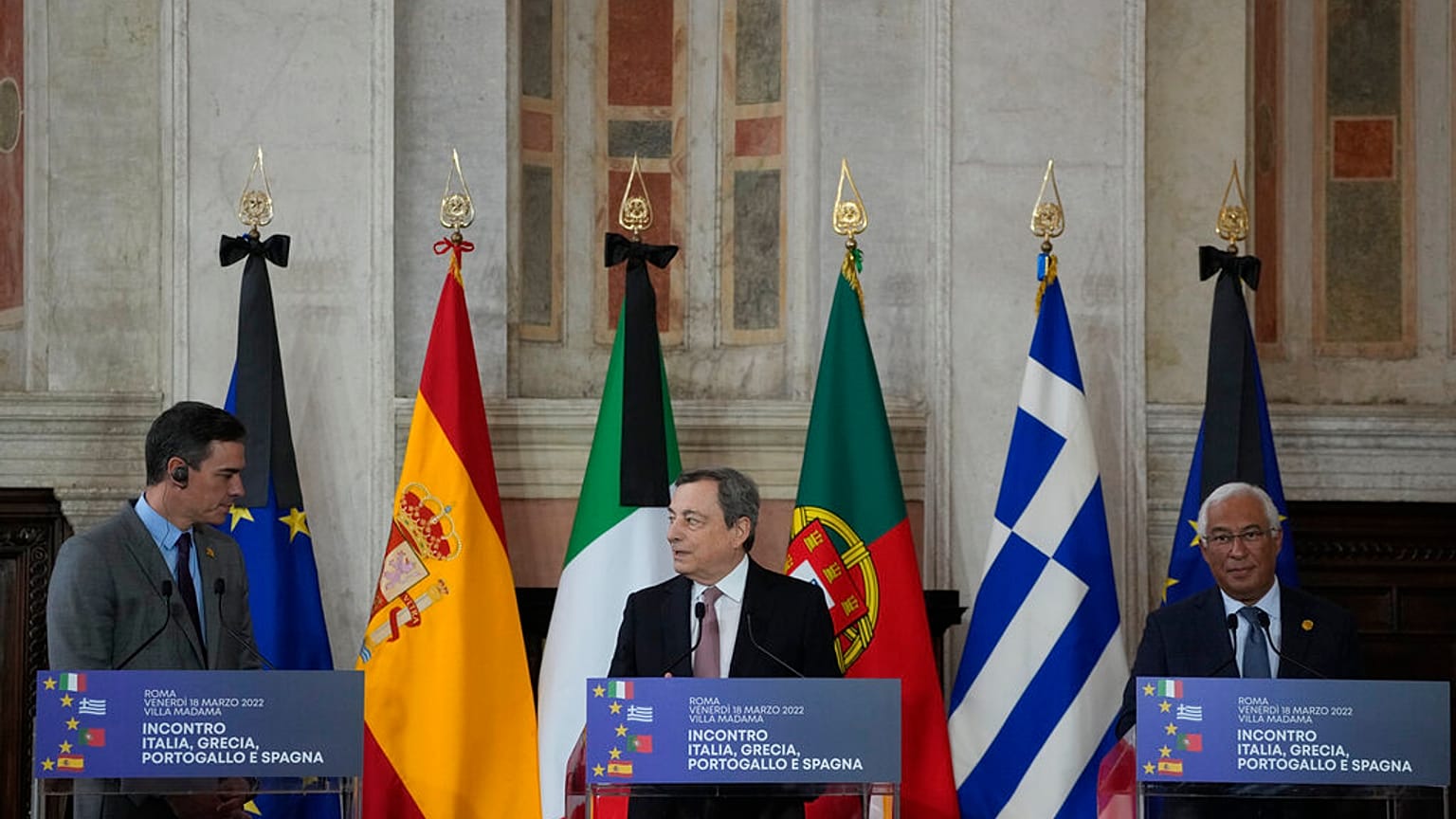 Prime Ministers of, from left, Spain Pedro Sanchez, Portugal Antonio Costa, Italy Mario Draghi attend a press conference at the end of a quadrilateral meeting 