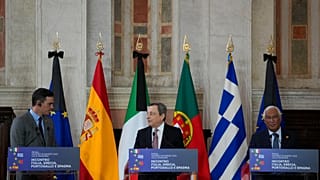 Prime Ministers of, from left, Spain Pedro Sanchez, Portugal Antonio Costa, Italy Mario Draghi attend a press conference at the end of a quadrilateral meeting 