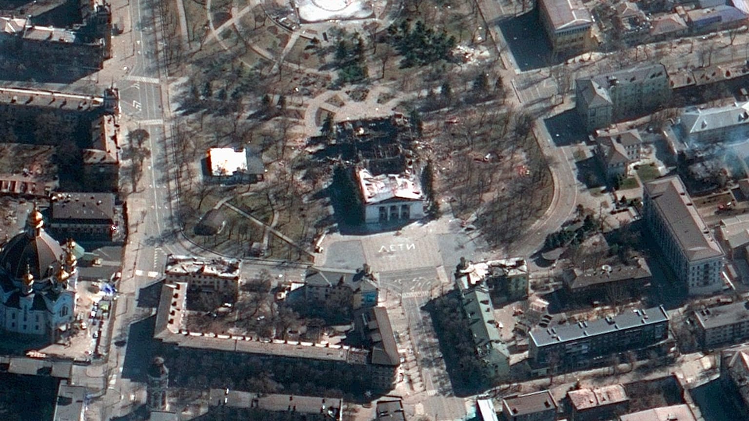 The aftermath of the Russian airstrike on the Mariupol Drama theatre and the area around it, in a satellite photo provided on Saturday, March 19, 2022.