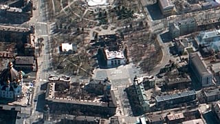 The aftermath of the Russian airstrike on the Mariupol Drama theatre and the area around it, in a satellite photo provided on Saturday, March 19, 2022.