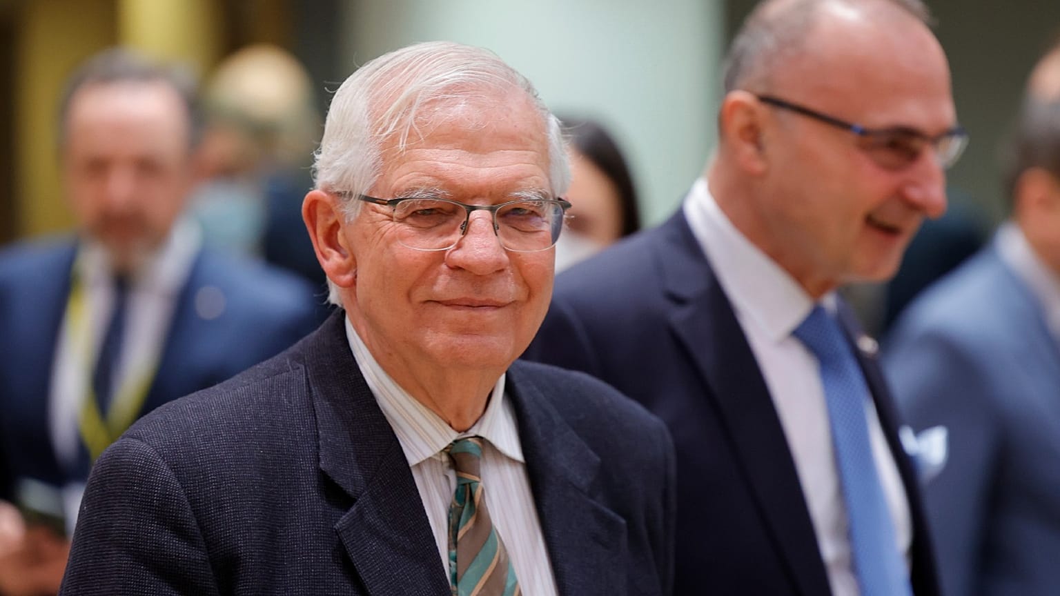 European foreign policy chief Josep Borrell, left, at a meeting of the EU foreign ministers at the Europa building in Brussels, Mar. 21, 2022. 