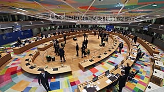 European Union leaders gather during a round table meeting at an extraordinary EU summit on Ukraine at the European Council building in Brussels, Thursday, Feb 24, 2022. 