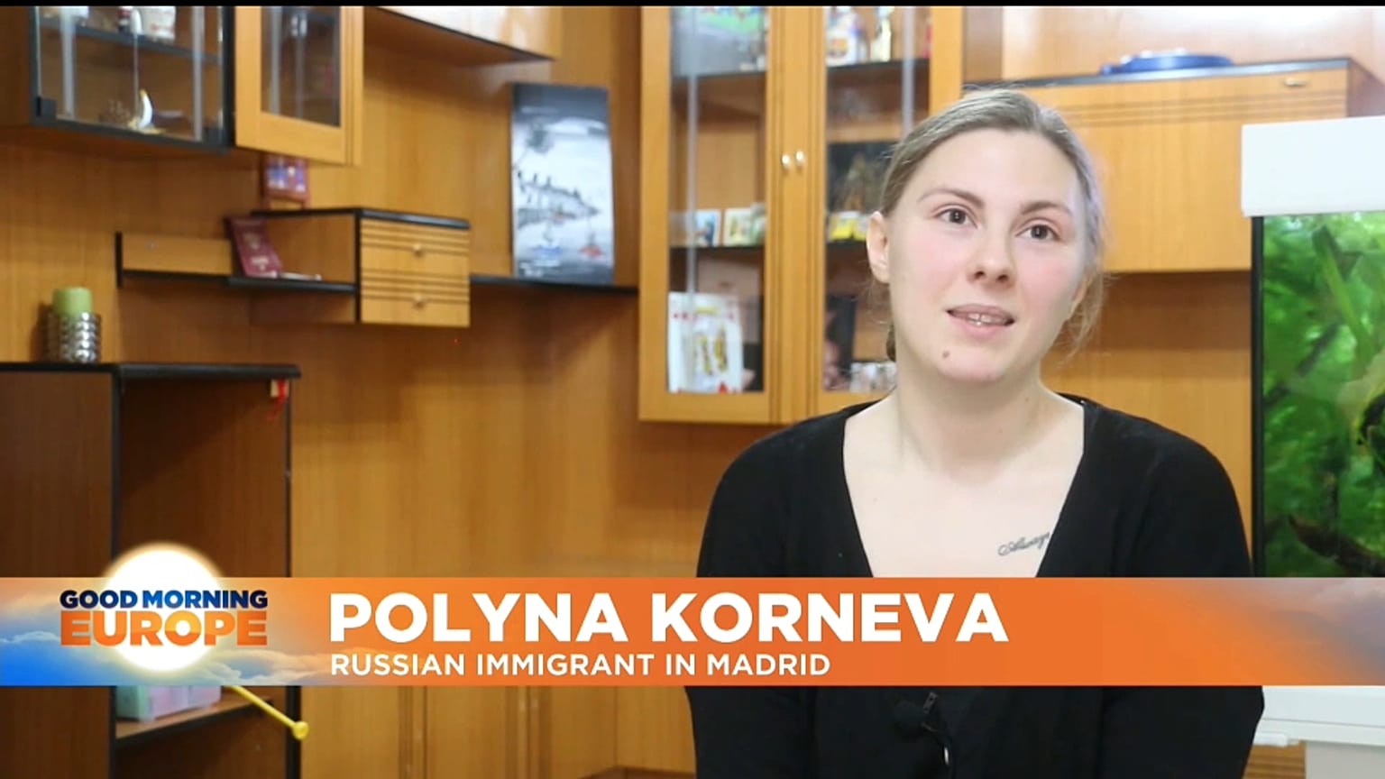 Russian expat Polyna Korneva, who lives with her Ukrainian partner Vadym Kyrylyuk in Madrid