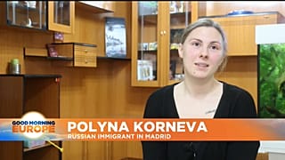 Russian expat Polyna Korneva, who lives with her Ukrainian partner Vadym Kyrylyuk in Madrid