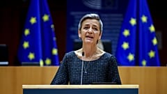 European Commissioner Margrethe Vestager addresses European lawmakers at the European Parliament in Brussels, on May 18, 2021. 