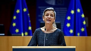 European Commissioner Margrethe Vestager addresses European lawmakers at the European Parliament in Brussels, on May 18, 2021. 
