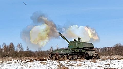 A self-propelled artillery mount fires at the Osipovichi training ground during the Union Courage-2022 Russia-Belarus military drills in Belarus in February 2022
