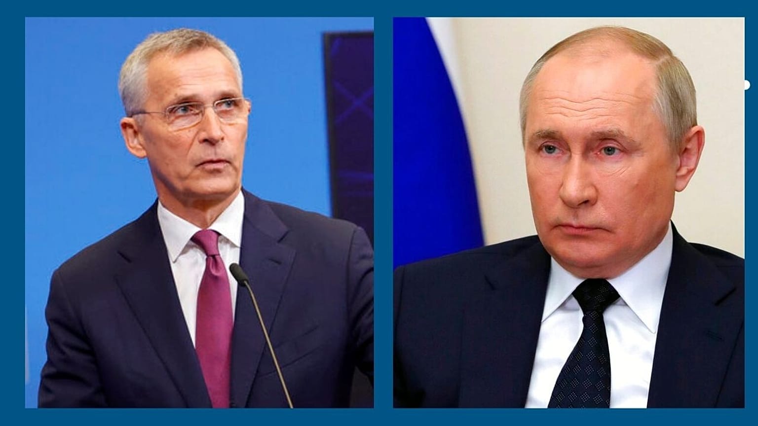 A g. : le secrétaire général de l'OTAN, Jens Stoltenberg, à Bruxelles, le 23/03/2022 // A dr. : le président russe Vladimir Poutine à Moscou le 23/03/2022