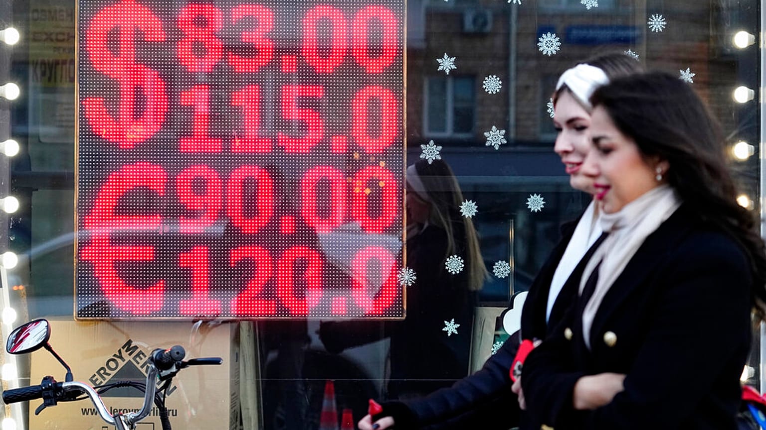 Currency exchange office screen displaying the exchange rates of U.S. Dollar and Euro to Russian Rubles in Moscow's downtown, on Feb. 28, 2022. 