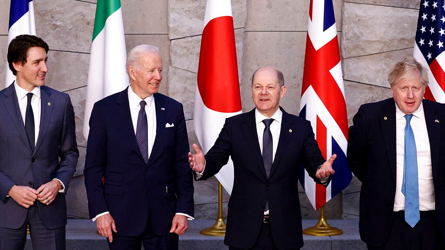 Sventagliata di leader: Trudeau, Biden, Scholz, Johnson. (Bruxelles, 24.3.2022)