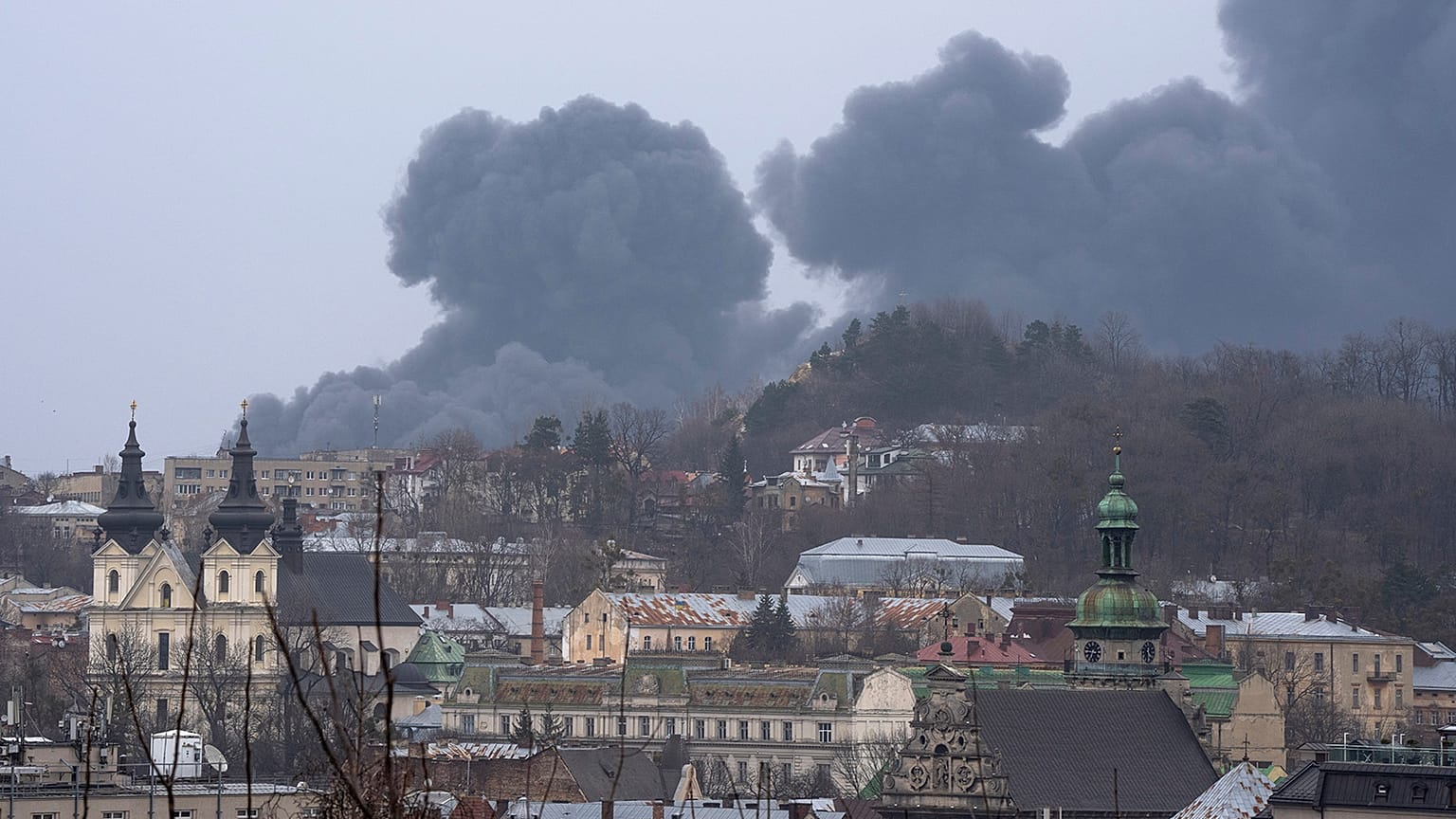 Smoke rises in the air in Lviv, western Ukraine, Saturday, 26 March 2022