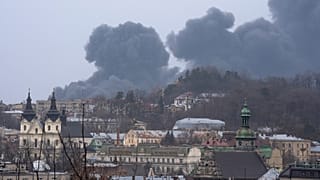 Smoke rises in the air in Lviv, western Ukraine, Saturday, 26 March 2022