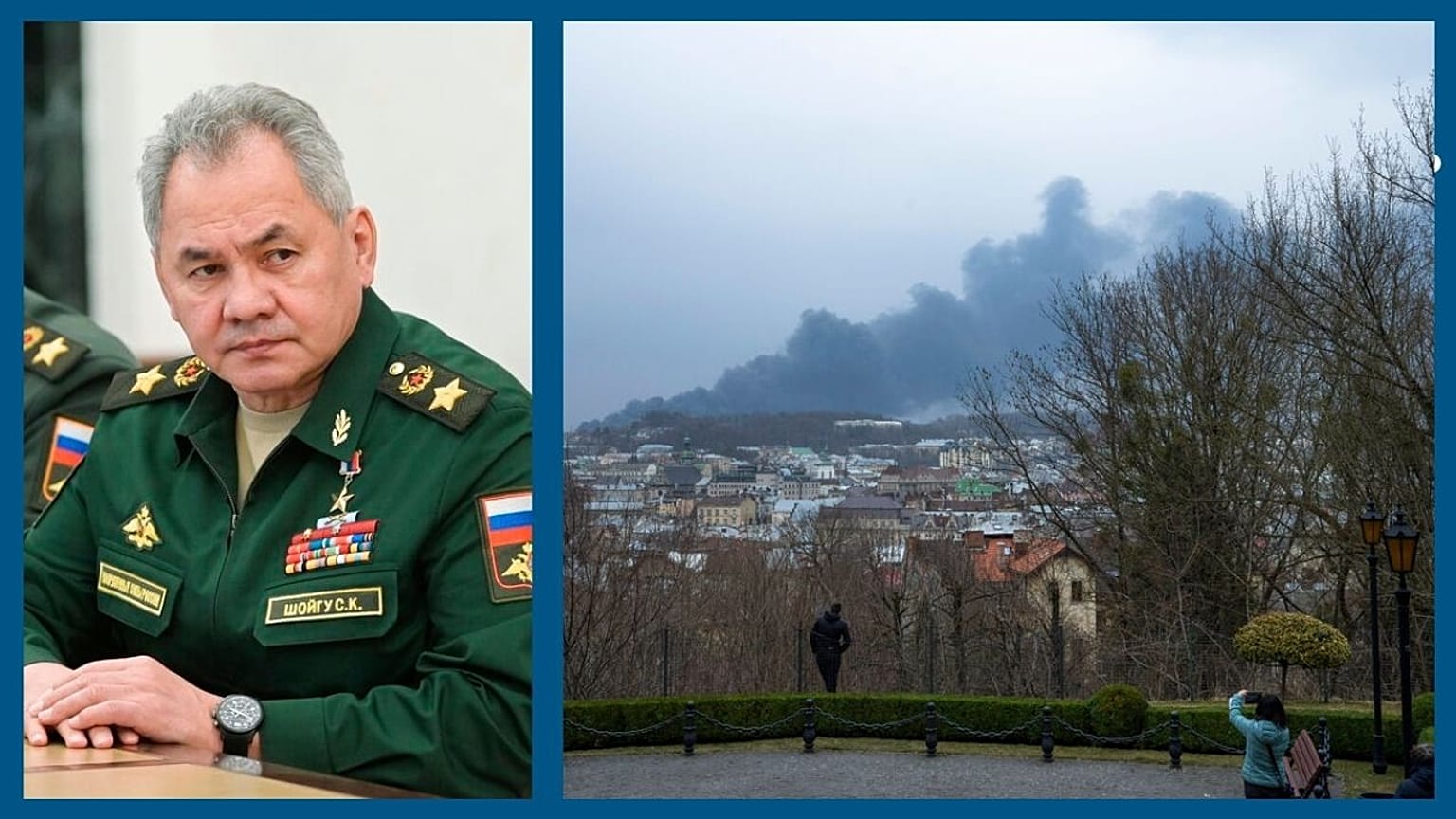 A g. : le ministre russe de la Défense Serguei Choïgou (le 27/02/2022) / A dr. : vue de Lviv (ouest de l'Ukraine) après des explosions, le 26/03/2022