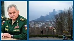A g. : le ministre russe de la Défense Serguei Choïgou (le 27/02/2022) / A dr. : vue de Lviv (ouest de l'Ukraine) après des explosions, le 26/03/2022