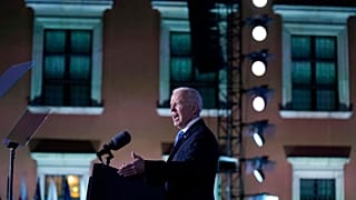 President Joe Biden delivers a speech about the Russian invasion of Ukraine, at the Royal Castle, Saturday, March 26, 2022, in Warsaw. 