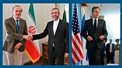 A g. : l'émissaire européen Enrique Mora et le négociateur iranien Ali Bagheri (Téhéran, le 27/03/2022) - A dr. : Le chef de la diplomatie US (Jérusalem, le 27/03/2022)