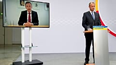 Tobias Hans aus dem Saarland per Videoschalte bei CDU-Chef Friedrich Merz in Berlin