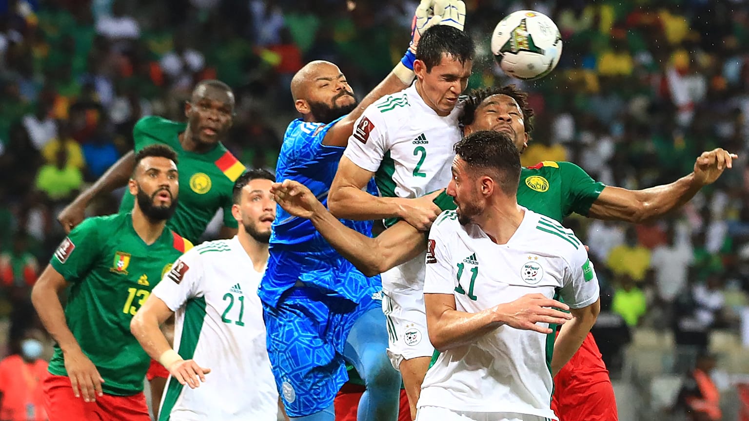 لقطة من مباراة الذهاب للجولة الحاسمة من تصفيات كأس العالم 2022 عن قارة أفريقيا بين الجزائر والكاميرون بملعب جابوما في ياوندي