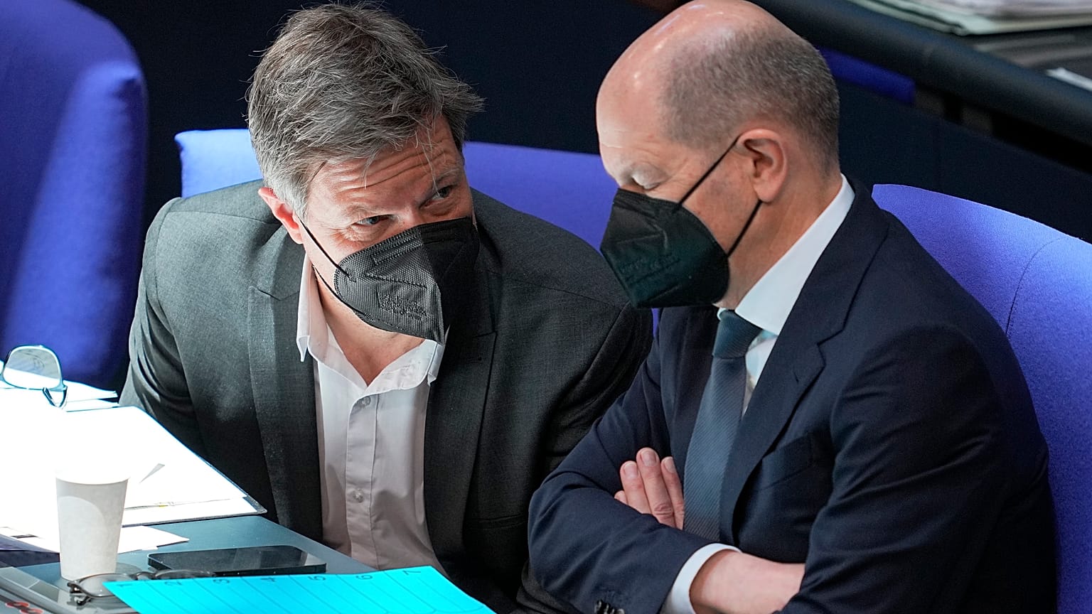 German Economy and Climate Minister Robert Habeck, left, and German Chancellor Olaf Scholz, right, at a debate in the Bundestag.