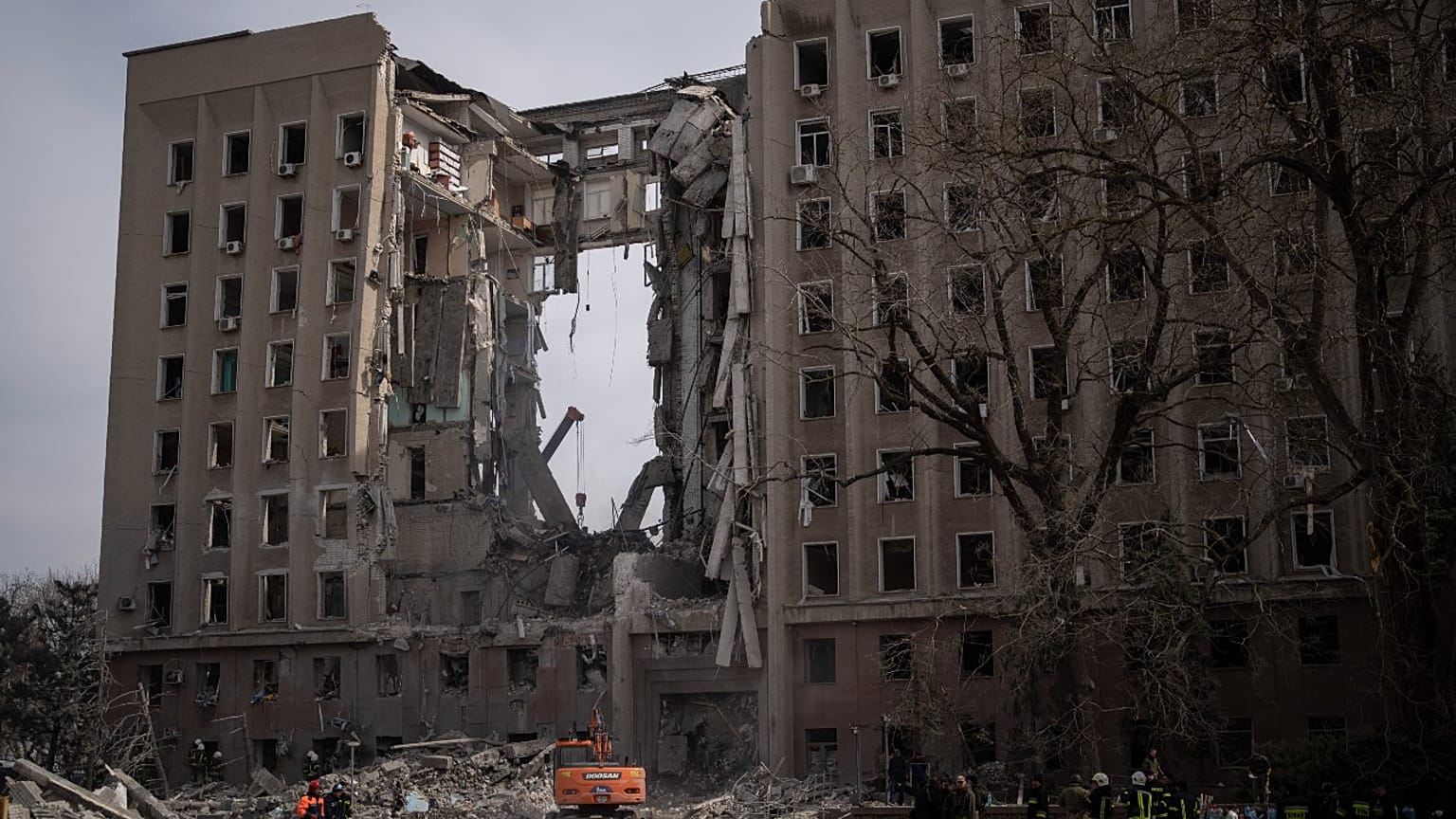 The regional government headquarters of Mykolaiv, Ukraine, following a Russian attack, on Tuesday, March 29, 2022. President Zelenskyy said seven people were killed.