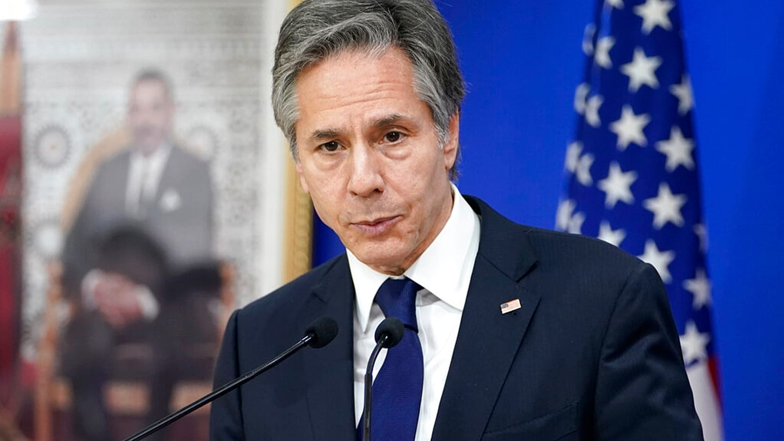  Antony Blinken speaks during a news conference with Morocco's Foreign Minister Nasser Bourita, at the Foreign Ministry in Rabat