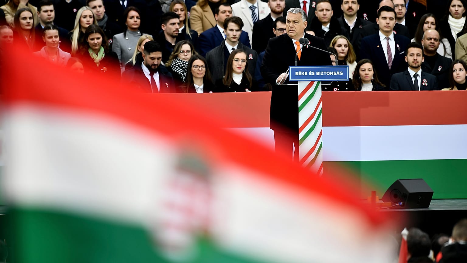 Hungary's right-wing populist prime minister, Viktor Orban addresses thousands of supporters as they gather in Budapest, Hungary, Tuesday, March 15, 2022