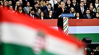 Hungary's right-wing populist prime minister, Viktor Orban addresses thousands of supporters as they gather in Budapest, Hungary, Tuesday, March 15, 2022