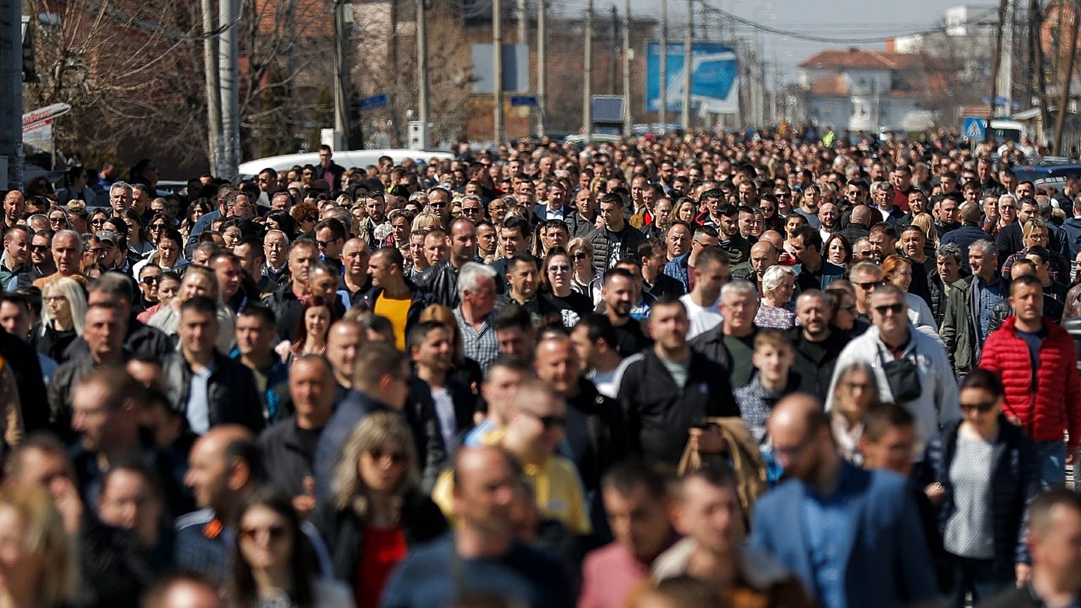 Kosovo Serbs take part in a protest in the town of Gracanica on March 25, 2022 against Kosovo's refusal to allow them to vote in neighbouring Serbia's upcoming elections.
