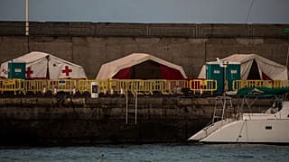 An empty makeshift migrant camp located at the Arguineguin port on Gran Canaria.