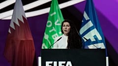 Norwegian soccer official Lise Klaveness speaks during the FIFA congress at the Doha Exhibition and Convention Center in Doha, Qatar, Thursday, March 31, 2022.